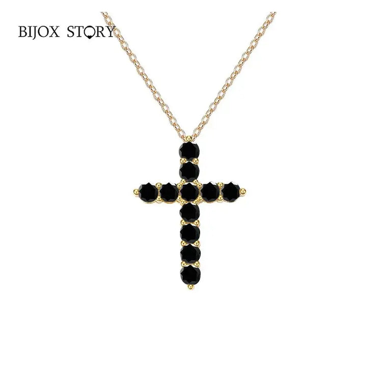 BIJOX STORY 3mm Moissanite Cross Pendant Necklace Original Sterling SILVER Chain Plated 18k White GOLD Rose GOLD Fine Necklace for Women Great For Gift via Family Jewelry and Clovers