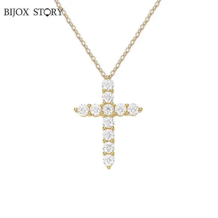 BIJOX STORY 3mm Moissanite Cross Pendant Necklace Original Sterling SILVER Chain Plated 18k White GOLD Rose GOLD Fine Necklace for Women Great For Gift via Family Jewelry and Clovers
