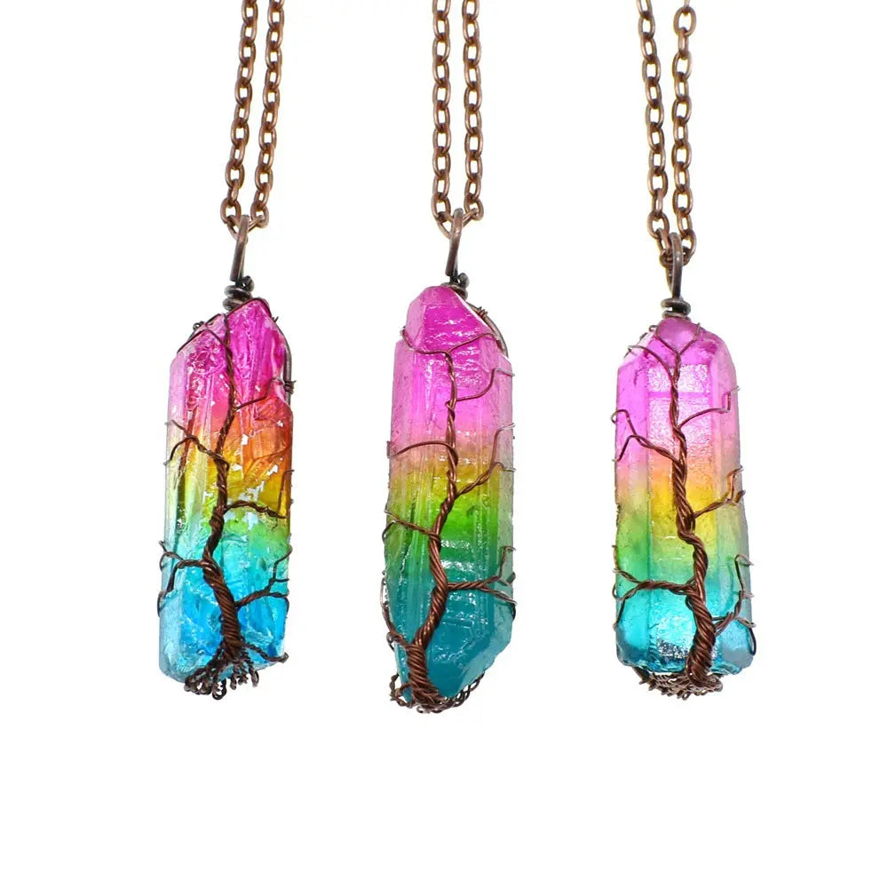 Hot Selling Stone Crystal Pillar Tree Of Life Pendant Ins Fashion Necklace Ashley and Clovers