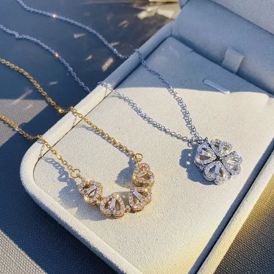 Retro Magnetic Folding Heart Shaped Four Leaf Clover Pendant Necklace Women Love Clavicle Chain Gifts Openable Choker Jewelry Jewelry and Clovers