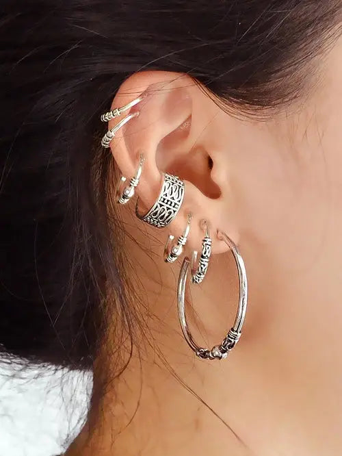 7 pieces Boho Chic Antique Silver Oxidized Intricate Hoop Earrings Set