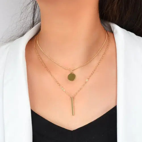 2 pcs Gold Chain Disc and Stick Charm Necklace