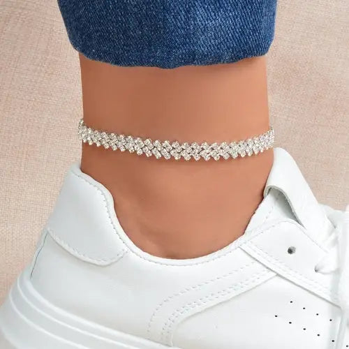 Exquisite Full Rhinestone Decor Silver Chain Anklet