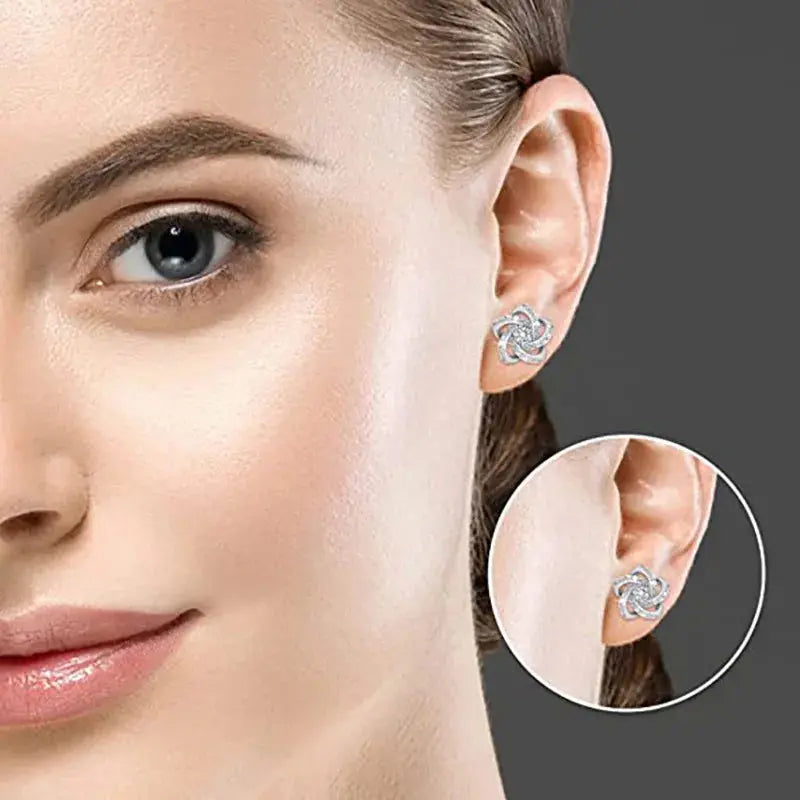 Elegant Flower Stud Earrings 925 Silver Rhinestone Round Brilliant Cut Classic Women&