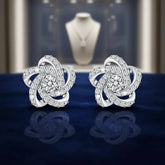 Elegant Flower Stud Earrings 925 Silver Rhinestone Round Brilliant Cut Classic Women&
