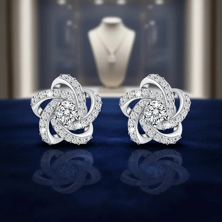 Elegant Flower Stud Earrings 925 Silver Rhinestone Round Brilliant Cut Classic Women&