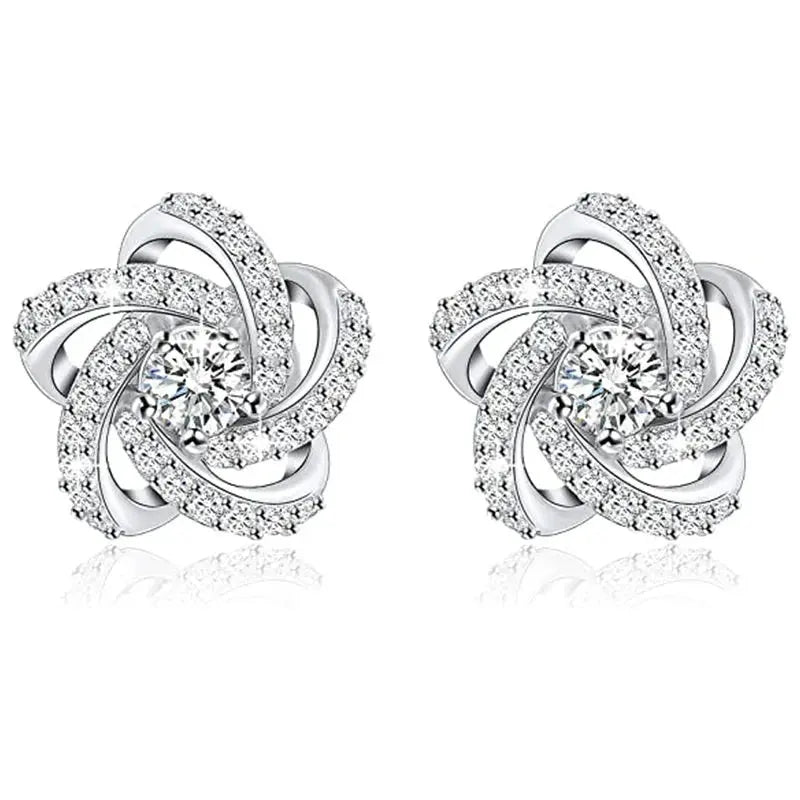 Elegant Flower Stud Earrings 925 Silver Rhinestone Round Brilliant Cut Classic Women&