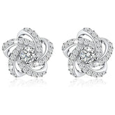 Elegant Flower Stud Earrings 925 Silver Rhinestone Round Brilliant Cut Classic Women&