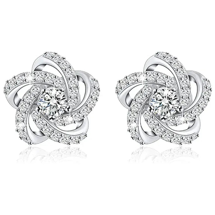 Elegant Flower Stud Earrings 925 Silver Rhinestone Round Brilliant Cut Classic Women&
