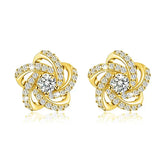 Elegant Flower Stud Earrings 925 Silver Rhinestone Round Brilliant Cut Classic Women&