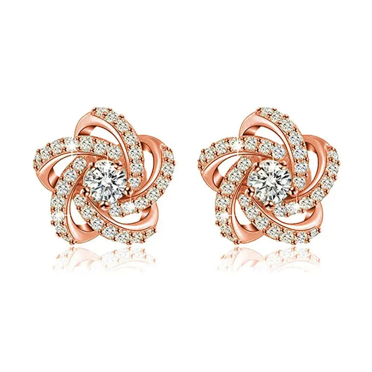 Elegant Flower Stud Earrings 925 Silver Rhinestone Round Brilliant Cut Classic Women&