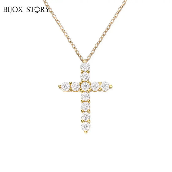 BIJOX STORY 3mm Moissanite Cross Pendant Necklace Original Sterling SILVER Chain Plated 18k White GOLD Rose GOLD Fine Necklace for Women Great For Gift via Family Jewelry and Clovers
