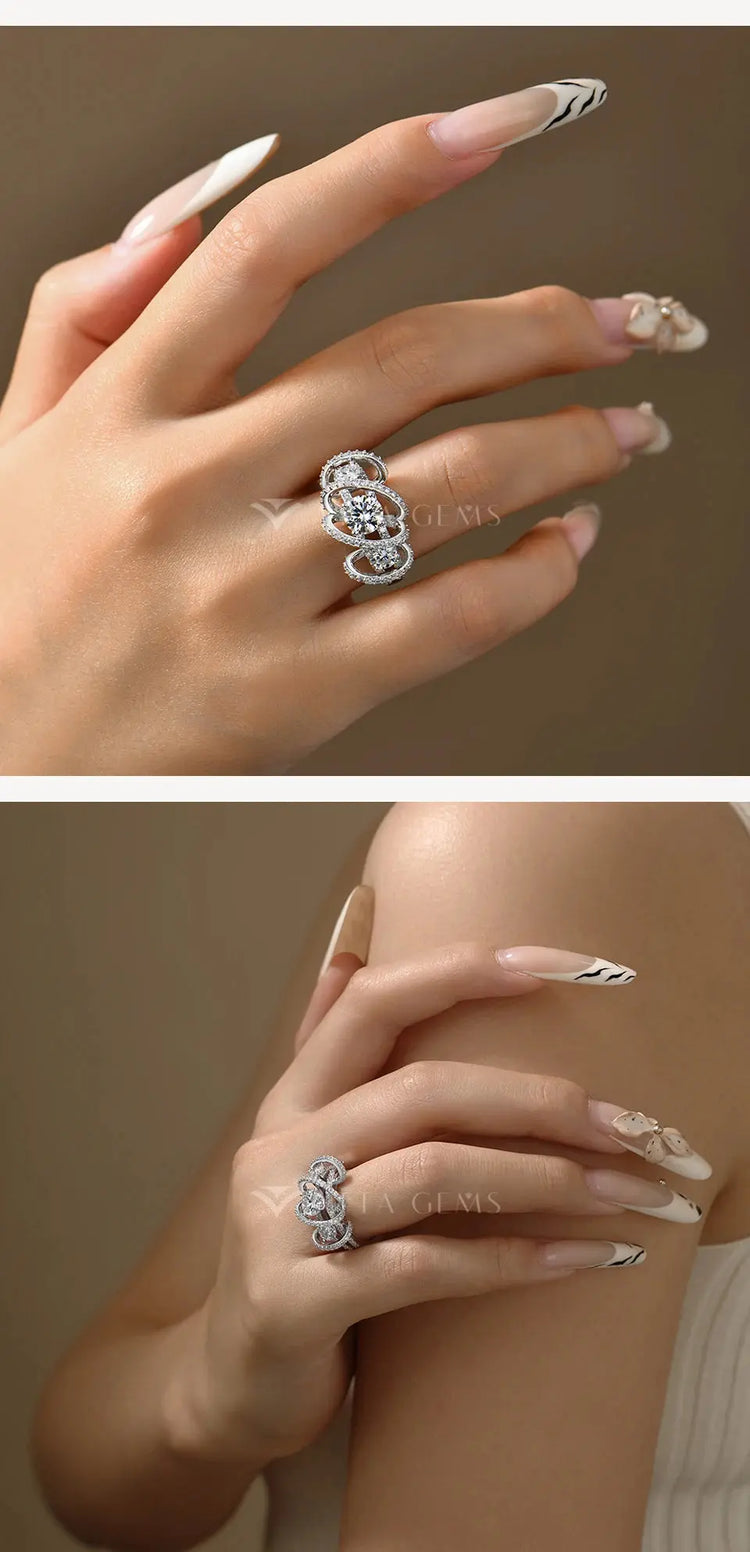BRAND: ATTA GEMS Three-Stone Cluster Moissanite Ring for Women - 1CT Round Cut 100% 925 Sterling Silver Twist Engagement Fine Jewelry Jewelry and Clovers