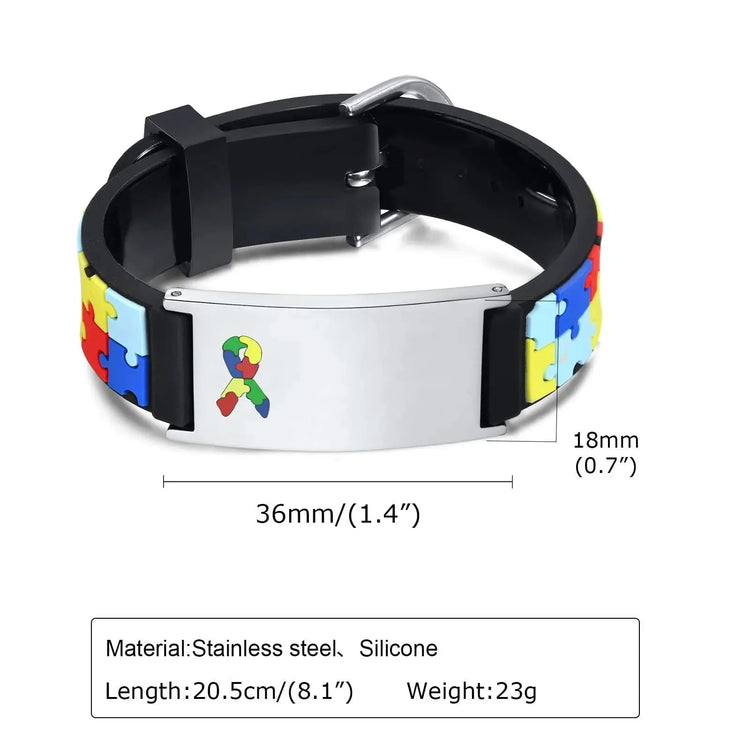 Custom Autism ID Bracelets Parents Gift To Son Boys, Colorful Puzzle Silicon Bracelet Free Engraving Jewelry and Clovers