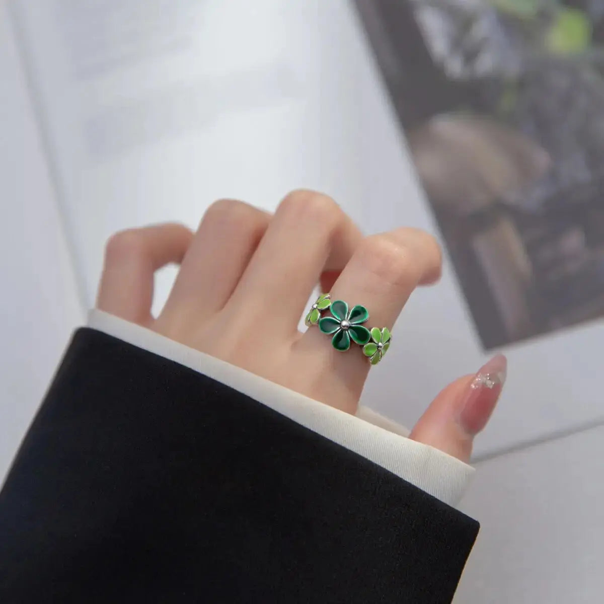 New Fashion Silver Color Green Flower Leaf Rose Daisy Enamel Open Finger Rings For Women Girl Jewelry Gift Dropship Wholesale Jewelry and Clovers
