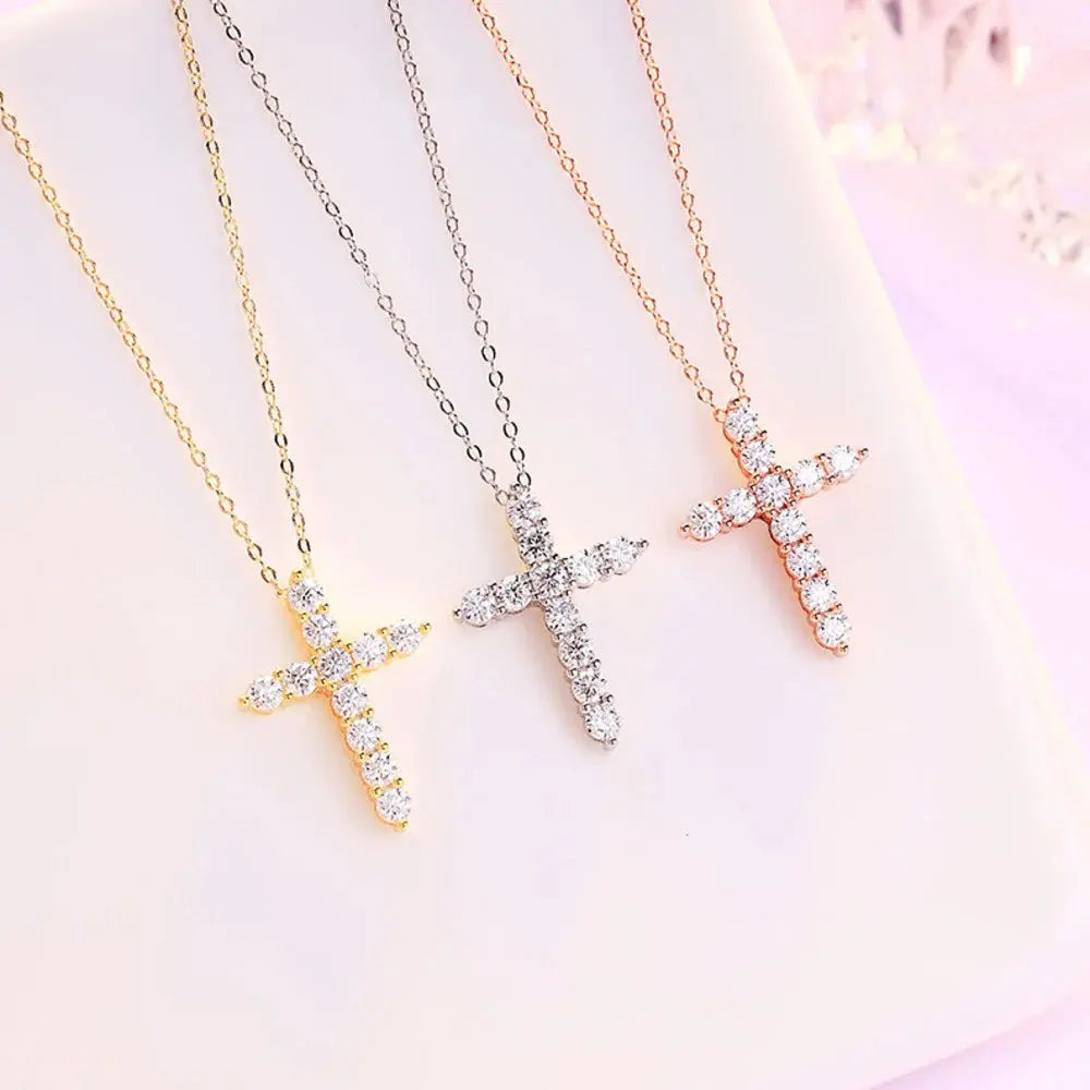 BIJOX STORY 3mm Moissanite Cross Pendant Necklace Original Sterling SILVER Chain Plated 18k White GOLD Rose GOLD Fine Necklace for Women Great For Gift via Family Jewelry and Clovers