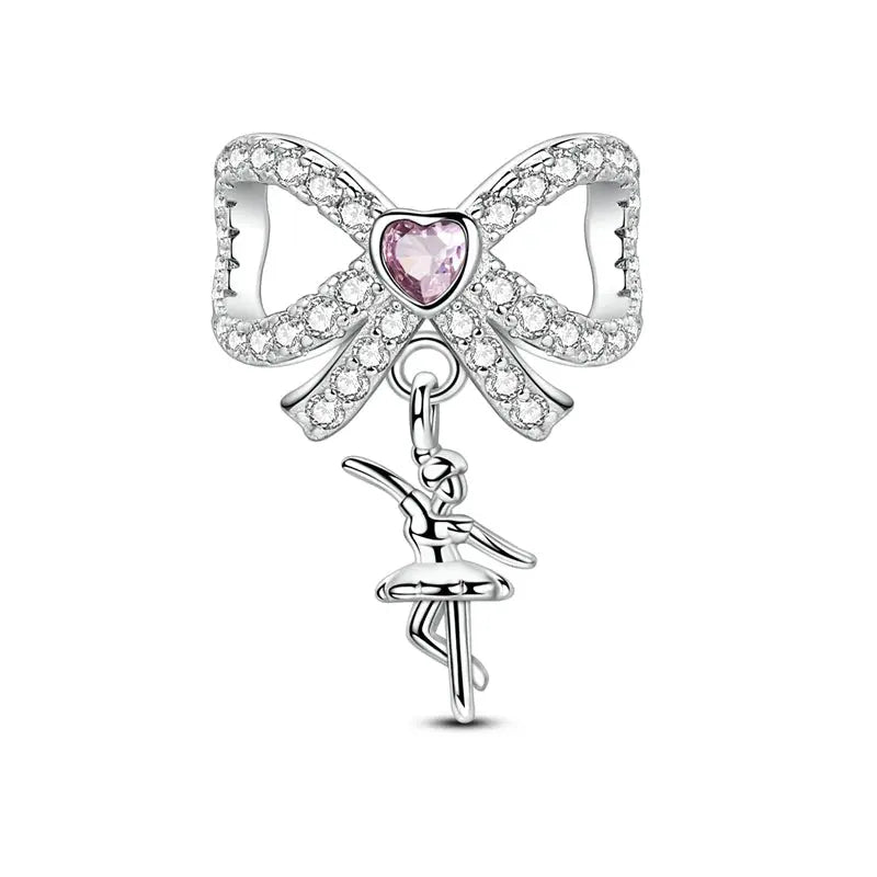 Charms Beads 925 Sterling Silver Pink Love Bow Rubik&