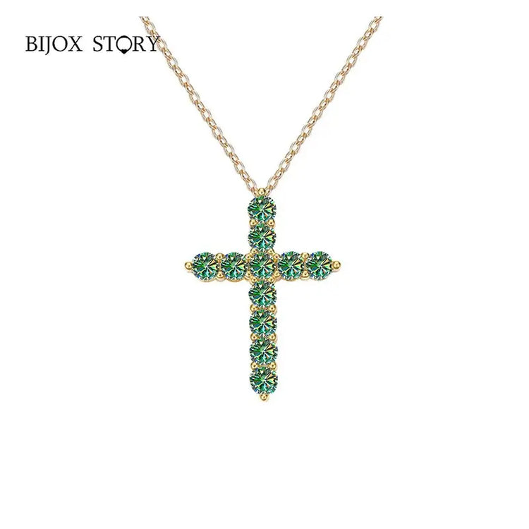 BIJOX STORY 3mm Moissanite Cross Pendant Necklace Original Sterling SILVER Chain Plated 18k White GOLD Rose GOLD Fine Necklace for Women Great For Gift via Family Jewelry and Clovers