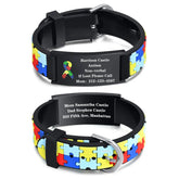 Custom Autism ID Bracelets Parents Gift To Son Boys, Colorful Puzzle Silicon Bracelet Free Engraving Jewelry and Clovers