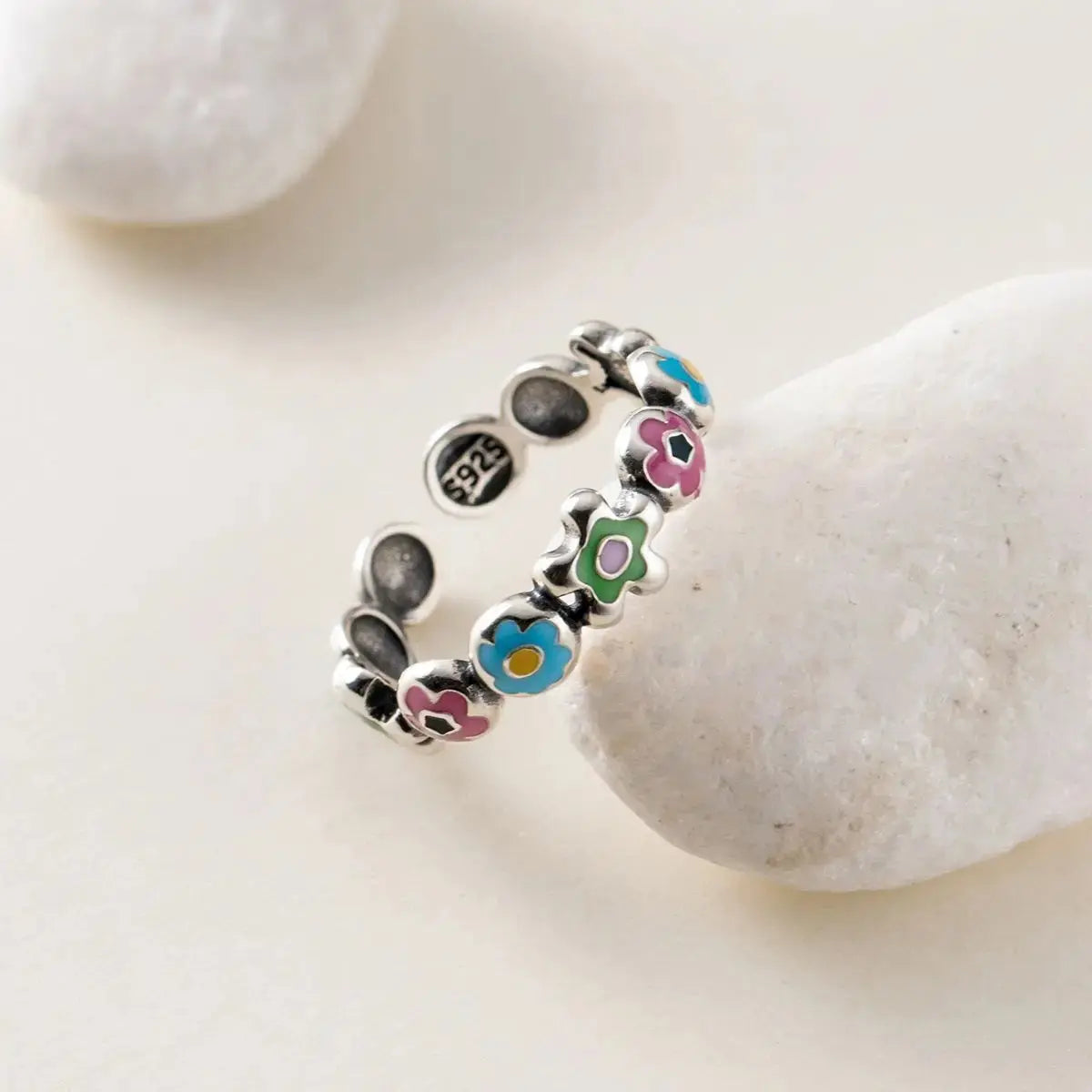 New Fashion Silver Color Green Flower Leaf Rose Daisy Enamel Open Finger Rings For Women Girl Jewelry Gift Dropship Wholesale Jewelry and Clovers