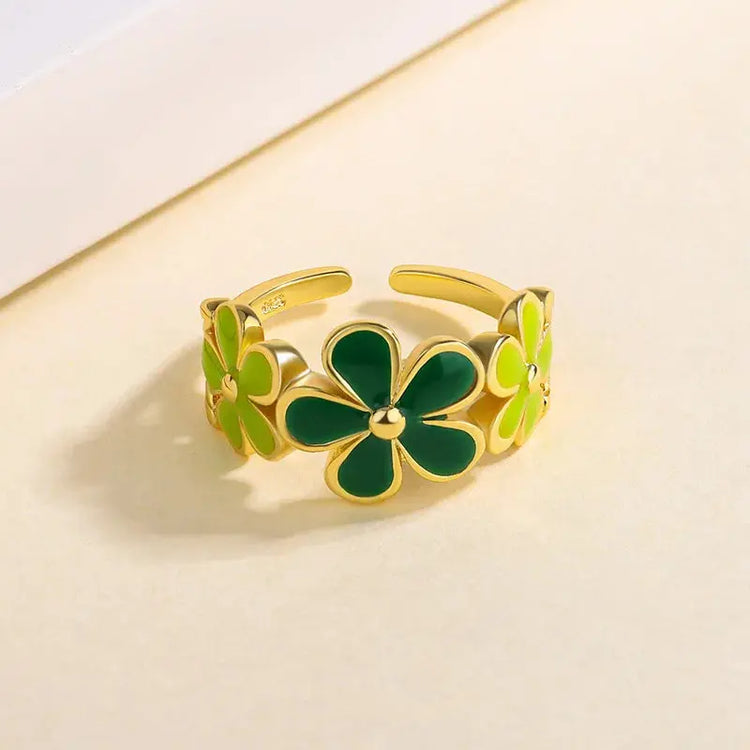 New Fashion Silver Color Green Flower Leaf Rose Daisy Enamel Open Finger Rings For Women Girl Jewelry Gift Dropship Wholesale Jewelry and Clovers