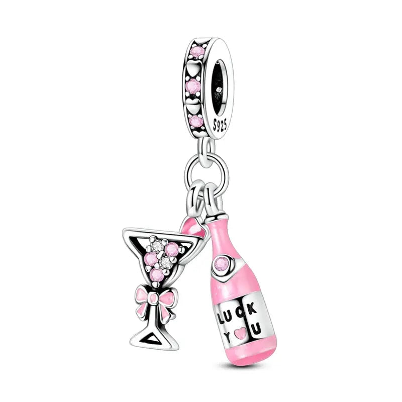 Charms Beads 925 Sterling Silver Pink Love Bow Rubik&