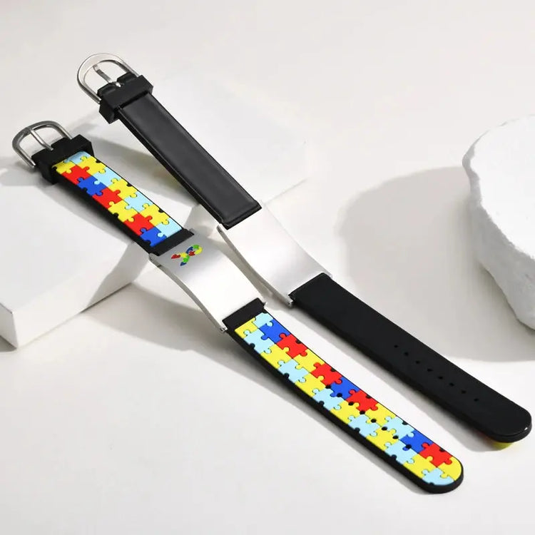 Custom Autism ID Bracelets Parents Gift To Son Boys, Colorful Puzzle Silicon Bracelet Free Engraving Jewelry and Clovers