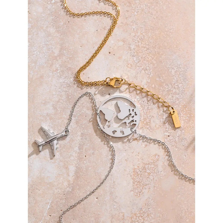 Yhpup New Arrivals Unique Creative Map Plane Pendant Necklace Gift Distinctive Stainless Steel Waterproof Jewellery Accessories Jewelry and Clovers