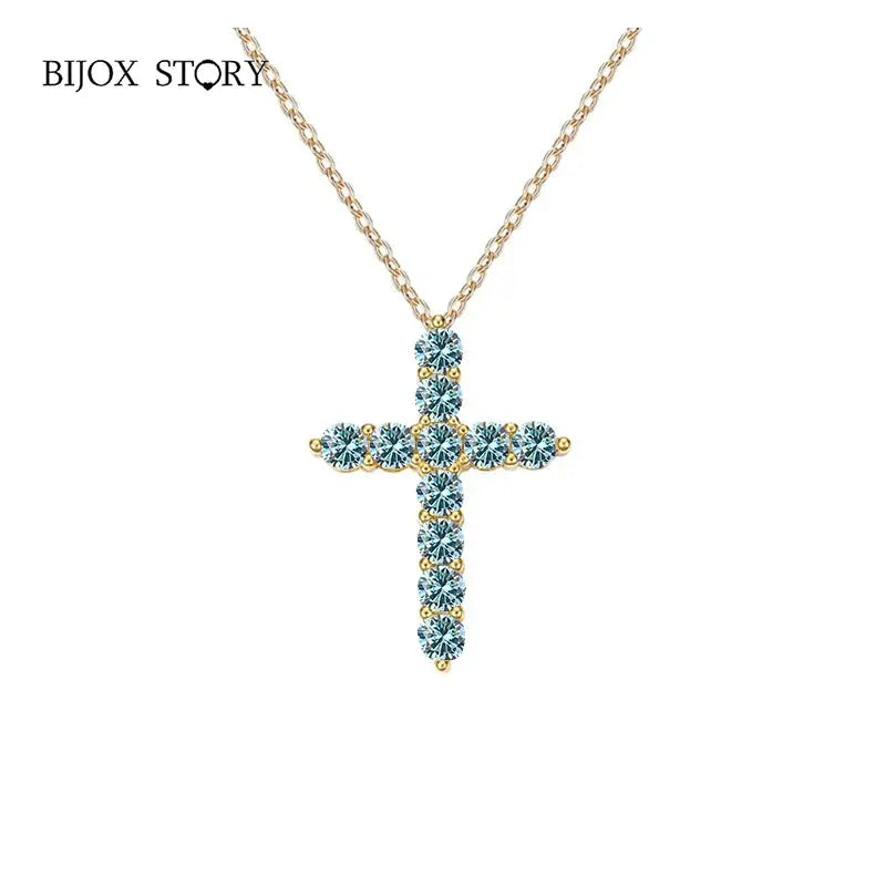 BIJOX STORY 3mm Moissanite Cross Pendant Necklace Original Sterling SILVER Chain Plated 18k White GOLD Rose GOLD Fine Necklace for Women Great For Gift via Family Jewelry and Clovers