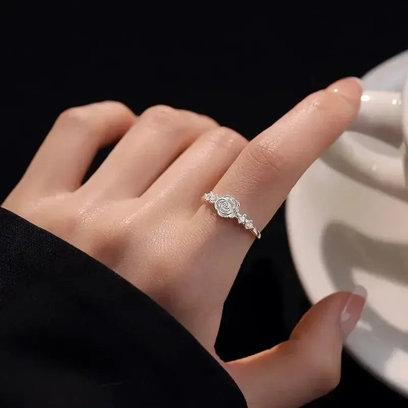 Real 925 Sterling Silver Zircon Camellia Rose Plant Adjustable Rings for Women Romantic Fine Jewelry Minimalist Accessories Jewelry and Clovers