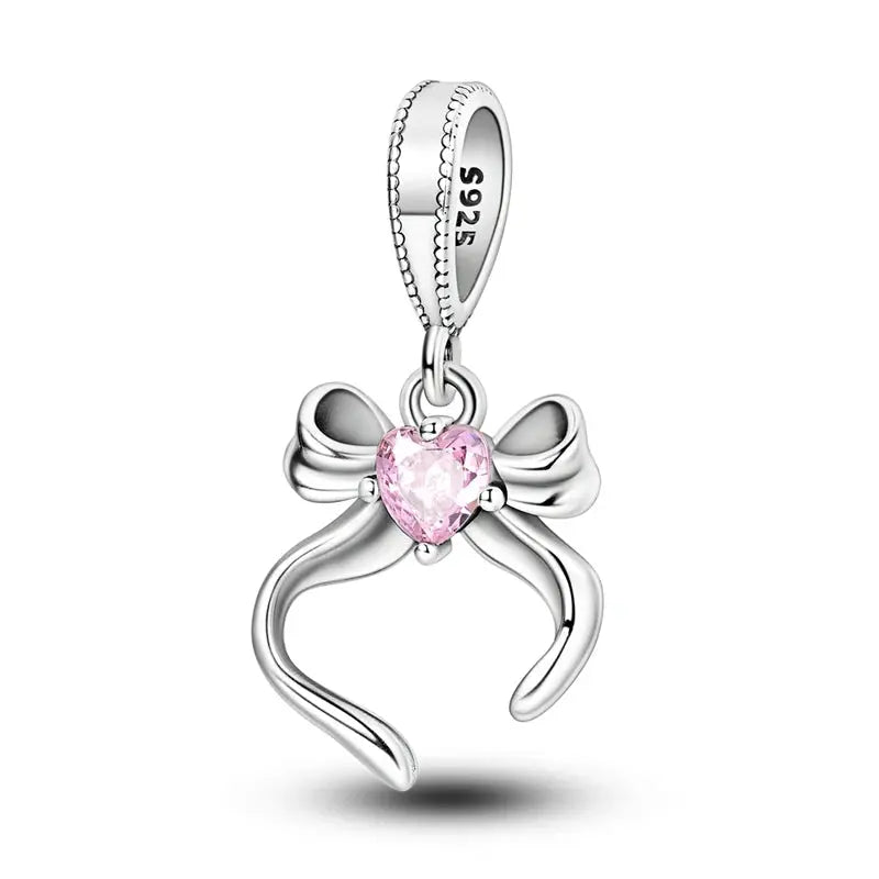 Charms Beads 925 Sterling Silver Pink Love Bow Rubik&