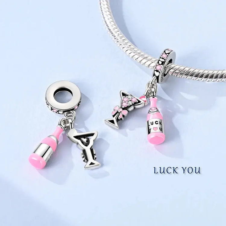Charms Beads 925 Sterling Silver Pink Love Bow Rubik&