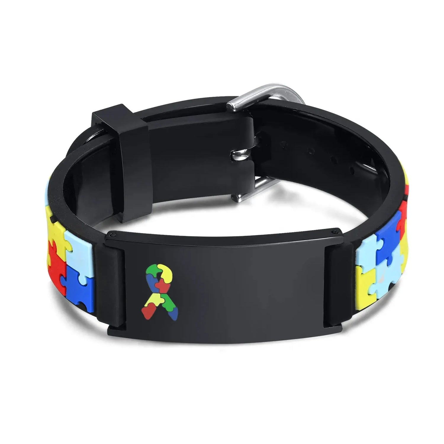 Custom Autism ID Bracelets Parents Gift To Son Boys, Colorful Puzzle Silicon Bracelet Free Engraving Jewelry and Clovers