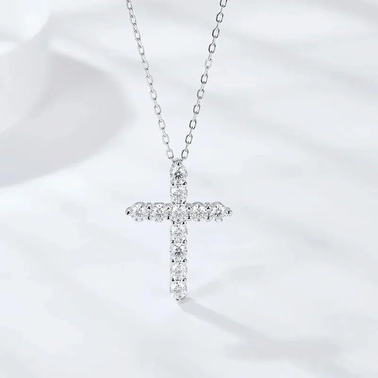 BIJOX STORY 3mm Moissanite Cross Pendant Necklace Original Sterling SILVER Chain Plated 18k White GOLD Rose GOLD Fine Necklace for Women Great For Gift via Family Jewelry and Clovers