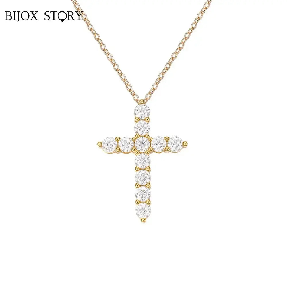 BIJOX STORY 3mm Moissanite Cross Pendant Necklace Original Sterling SILVER Chain Plated 18k White GOLD Rose GOLD Fine Necklace for Women Great For Gift via Family Jewelry and Clovers