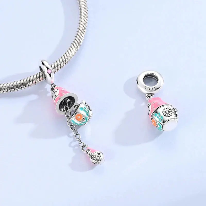 Charms Beads 925 Sterling Silver Pink Love Bow Rubik&