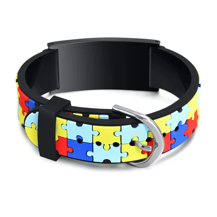 Custom Autism ID Bracelets Parents Gift To Son Boys, Colorful Puzzle Silicon Bracelet Free Engraving Jewelry and Clovers