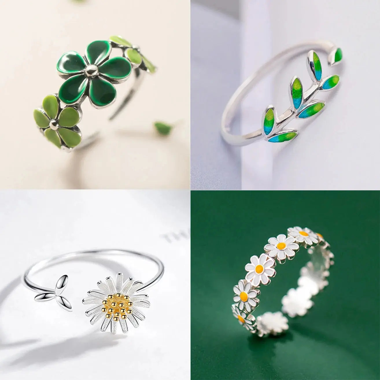 New Fashion Silver Color Green Flower Leaf Rose Daisy Enamel Open Finger Rings For Women Girl Jewelry Gift Dropship Wholesale Jewelry and Clovers