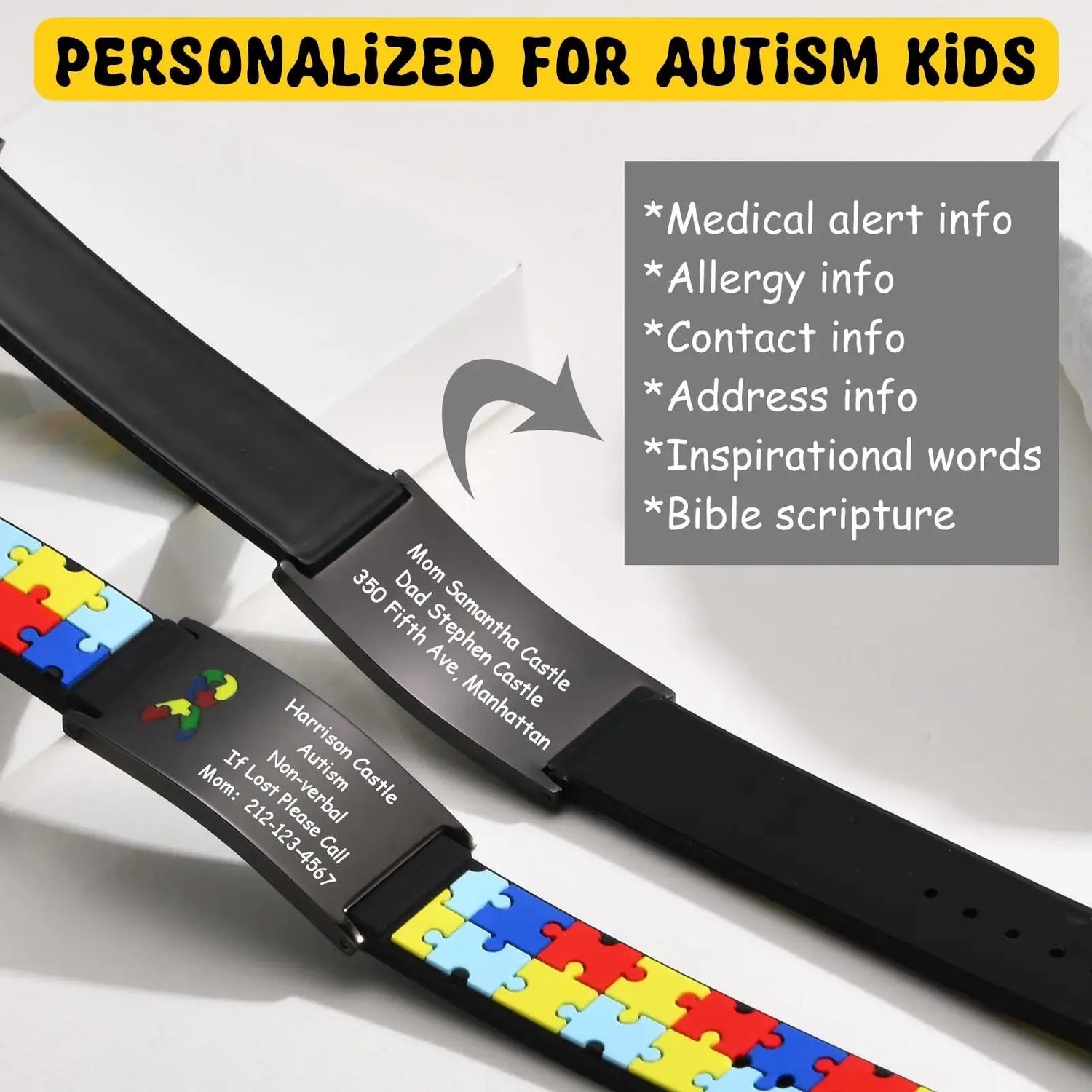 Custom Autism ID Bracelets Parents Gift To Son Boys, Colorful Puzzle Silicon Bracelet Free Engraving Jewelry and Clovers