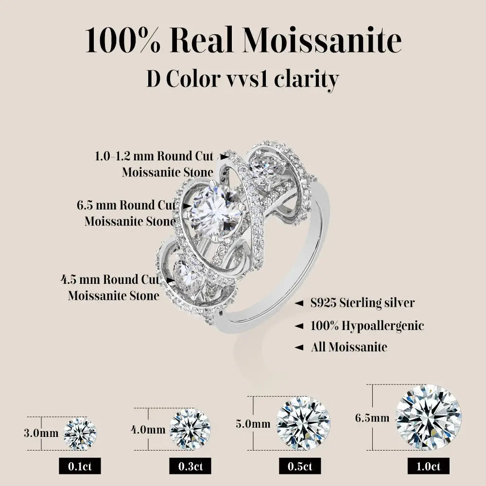 BRAND: ATTA GEMS Three-Stone Cluster Moissanite Ring for Women - 1CT Round Cut 100% 925 Sterling Silver Twist Engagement Fine Jewelry Jewelry and Clovers