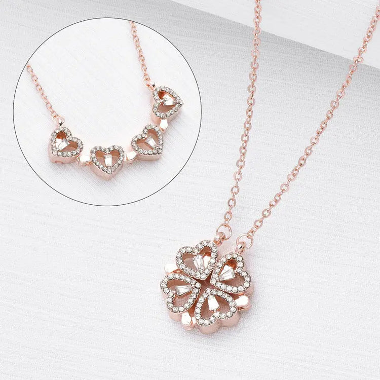 Retro Magnetic Folding Heart Shaped Four Leaf Clover Pendant Necklace Women Love Clavicle Chain Gifts Openable Choker Jewelry Jewelry and Clovers