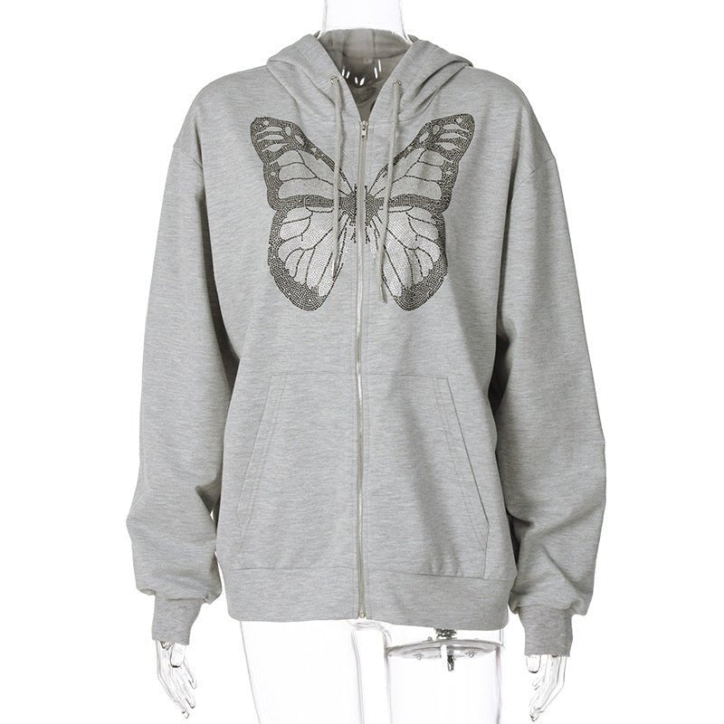 Fashion Oversized Butterfly Graphic Rhinestone Zip Up Hoodies E - girl 90s Streetwear Diamond Grey Long Jacket Autumn - Jewelry and Clovers