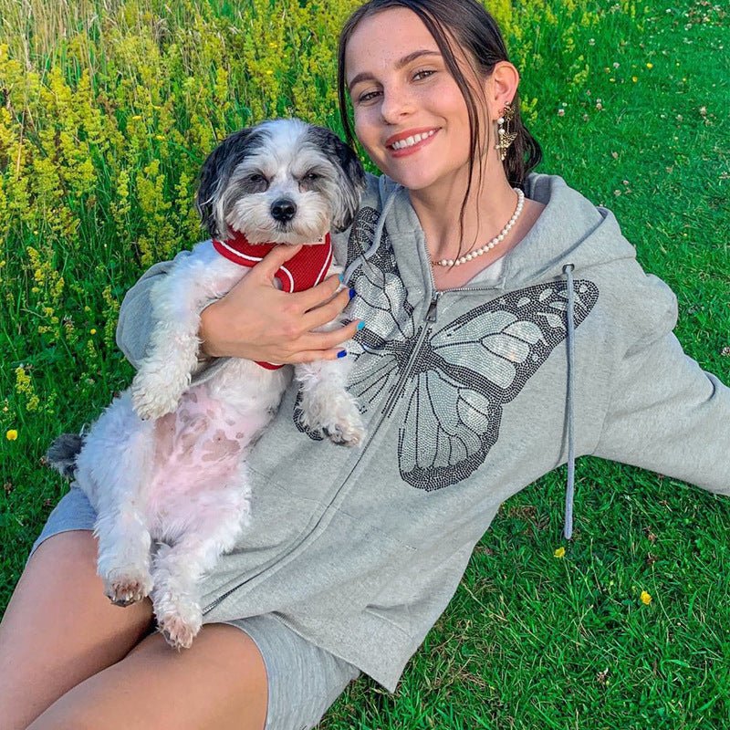 Fashion Oversized Butterfly Graphic Rhinestone Zip Up Hoodies E - girl 90s Streetwear Diamond Grey Long Jacket Autumn - Jewelry and Clovers