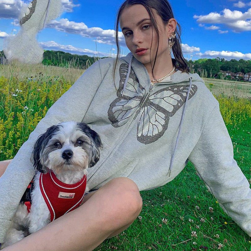 Fashion Oversized Butterfly Graphic Rhinestone Zip Up Hoodies E - girl 90s Streetwear Diamond Grey Long Jacket Autumn - Jewelry and Clovers
